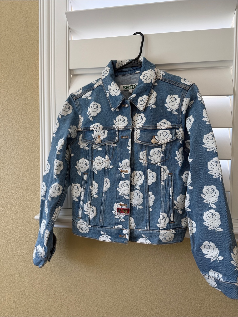 Kenzo Blue Denim Jacket with White Rose Print